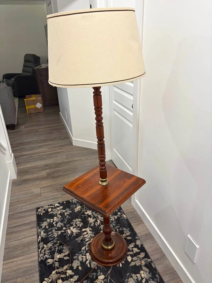 Vintage Wood Floor Lamp with Integrated Table