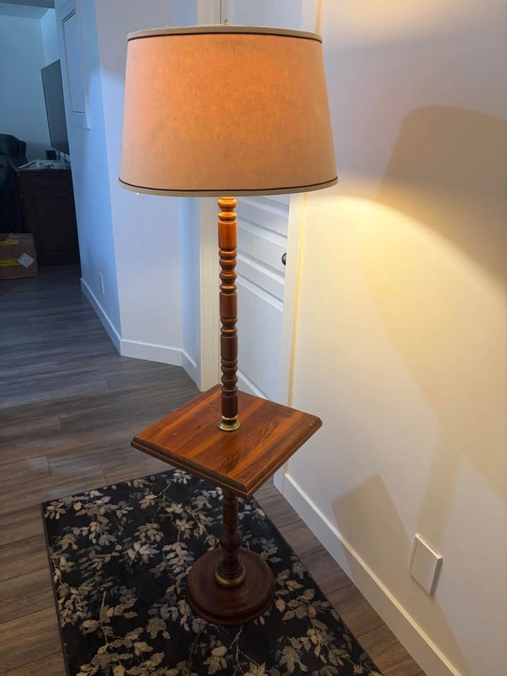 Vintage Wood Floor Lamp with Integrated Table - photo 2