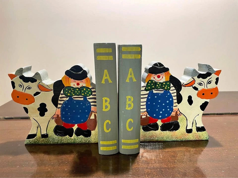 Vintage 90s Hand-Painted Wooden Kids Nursery Bookends