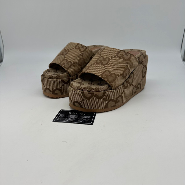 Gucci Monogram Jumbo GG Angelina Wedge Sandals 39