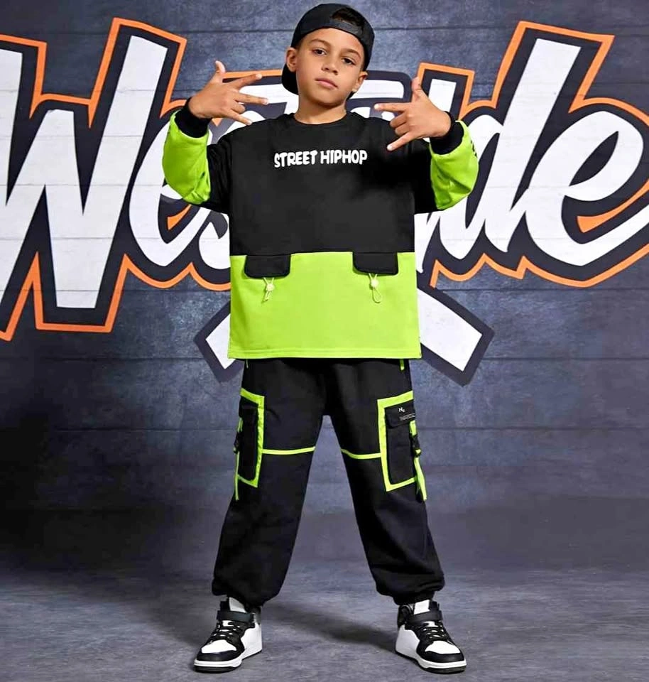 Boys Streetwear / Hip-Hop Outfit Set – Black & Neon Green