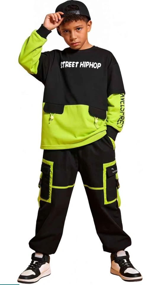 Boys Streetwear / Hip-Hop Outfit Set – Black & Neon Green - photo 2