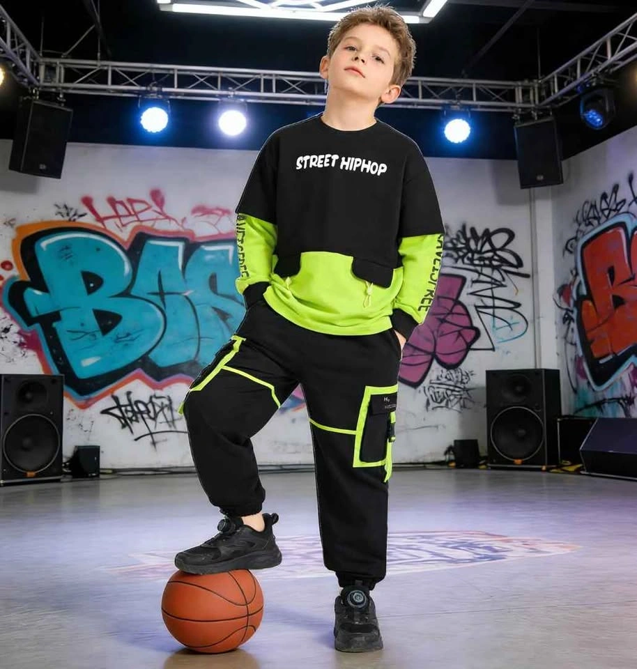 Boys Streetwear / Hip-Hop Outfit Set – Black & Neon Green - photo 4