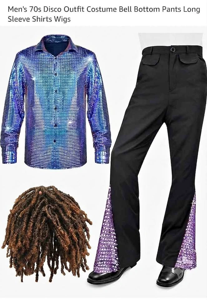 Men's 70s Disco Costume Set - Metallic Shirt, Pants & Wig (XXL)