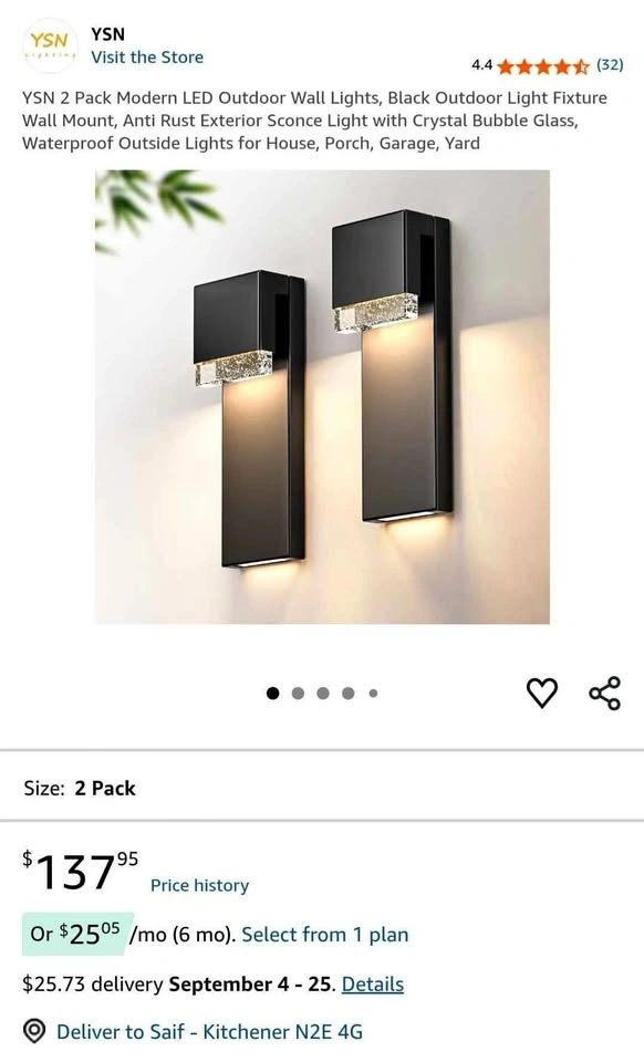 YSN 2 Pack Modern LED Outdoor Wall Lights - Black