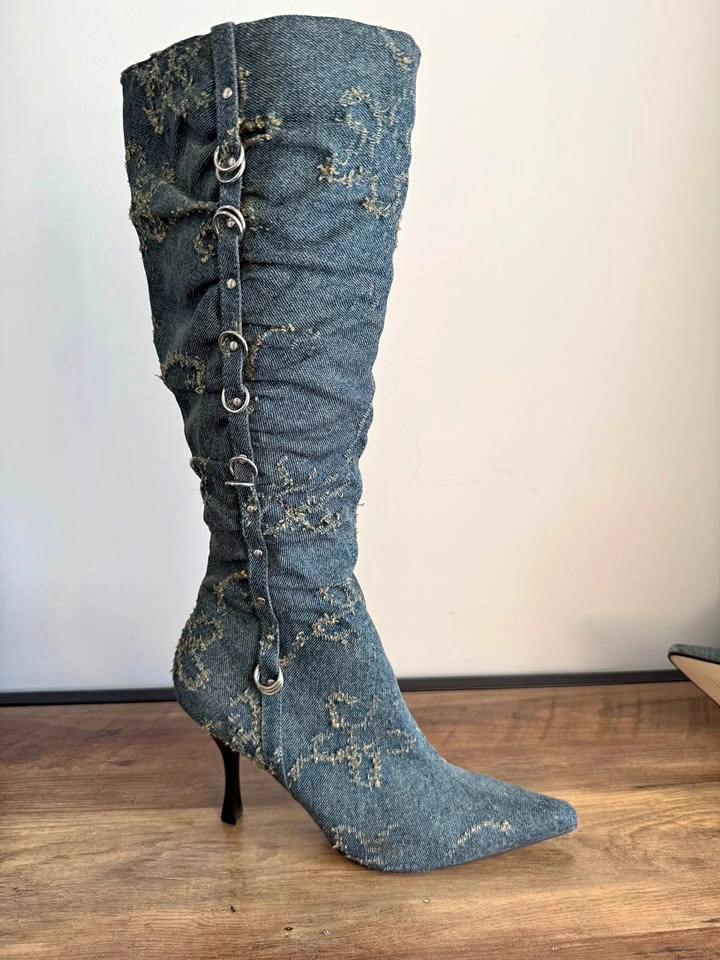 REDTOO Y2K Denim Pointed Toe Kitten Heeled Boots