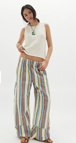 Free People Day's End Pants L Striped Wide Leg Beige Cotton