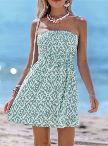 Sylviya Summer Casual Paisley Printed Tube Dress Mint Blue Sz L
