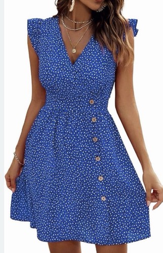 NEW Polka Dot Flutter Sleeve Button Front Dress Sz L, Blue