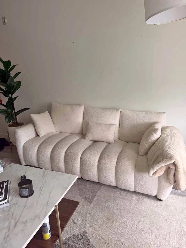 White Boucle Channel Tufted Sofa