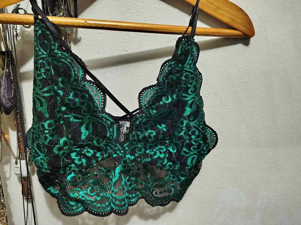 Medium - green and black lace strappy bralette