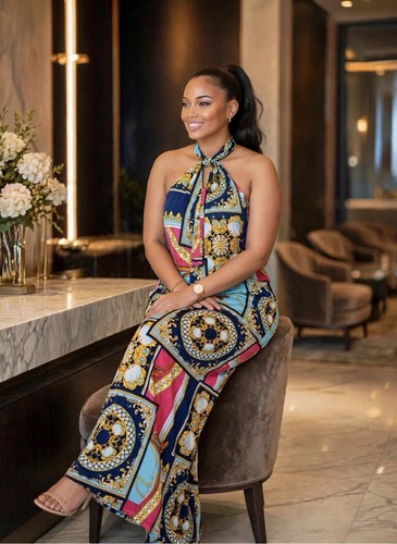 Multicolor Geometric Halter Neck Wide-Leg Jumpsuit, Size M - photo 2