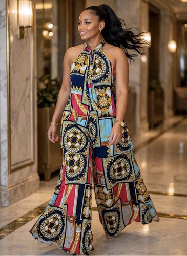 Multicolor Geometric Halter Neck Wide-Leg Jumpsuit, Size M - photo 4