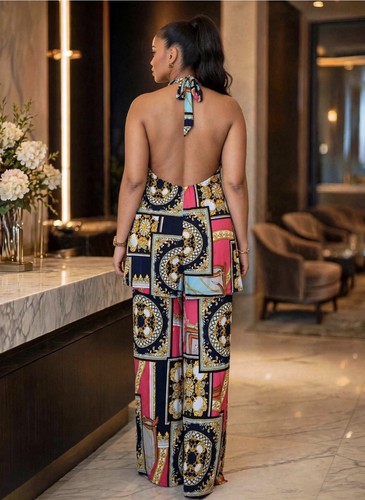 Multicolor Geometric Halter Neck Wide-Leg Jumpsuit, Size M - photo 5