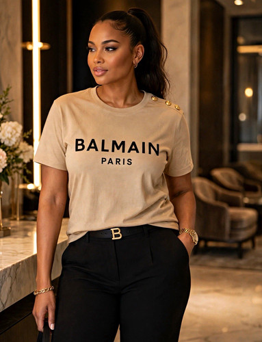 Balmain Paris Women's Beige Logo Crew Neck T-Shirt S-2XL