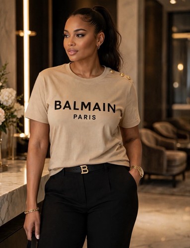 Balmain Paris Women's Beige Logo Crew Neck T-Shirt S-2XL - photo 2