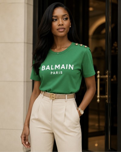Balmain Paris Women's Beige Logo Crew Neck T-Shirt S-2XL - photo 5