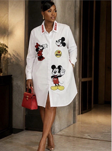 Women's White Mickey & Minnie Mouse Graphic Shirt Dress M/L