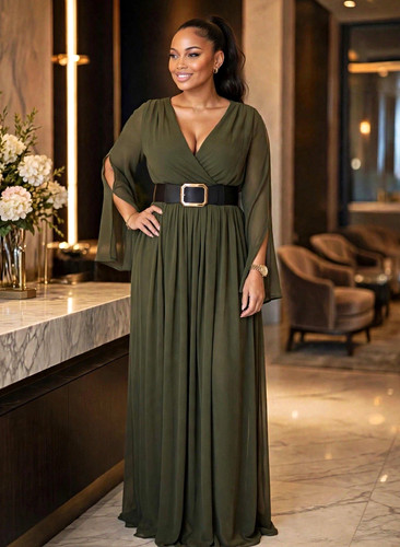 Multicolor Solid Maxi Dress V-Neck Long Sleeve Belted Size L