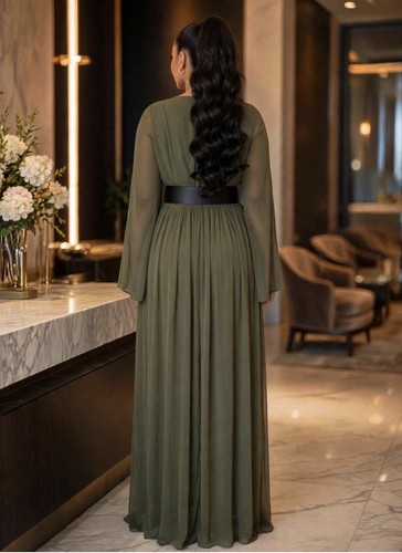 Multicolor Solid Maxi Dress V-Neck Long Sleeve Belted Size L - photo 2