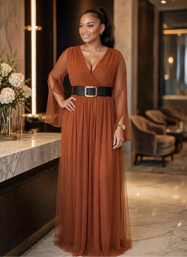 Multicolor Solid Maxi Dress V-Neck Long Sleeve Belted Size L - photo 3