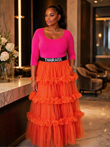 NByNancy Women’s Orange Solid Tulle Tiered Ruffle Maxi Skirt M