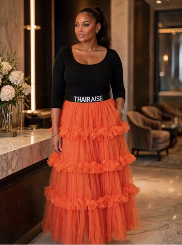 NByNancy Women’s Orange Solid Tulle Tiered Ruffle Maxi Skirt M - photo 2