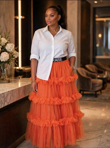 NByNancy Women’s Orange Solid Tulle Tiered Ruffle Maxi Skirt M - photo 3