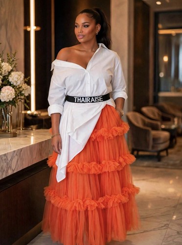 NByNancy Women’s Orange Solid Tulle Tiered Ruffle Maxi Skirt M - photo 4