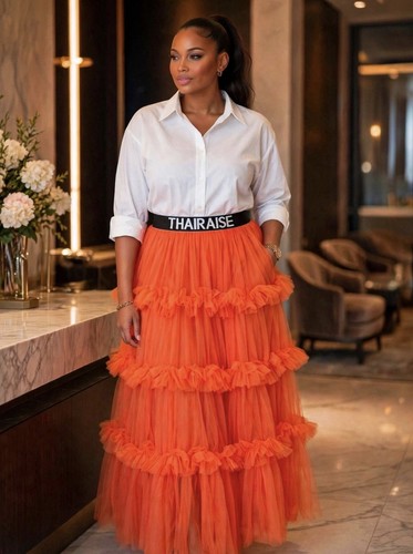 NByNancy Women’s Orange Solid Tulle Tiered Ruffle Maxi Skirt M - photo 5