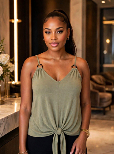Women's Green Solid V-Neck Spaghetti Strap Tie Front Ring Camiso