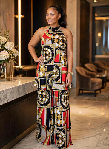 Multicolor Geometric Halter Neck Backless Wide-Leg Jumpsuit