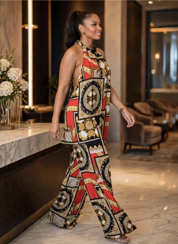 Multicolor Geometric Halter Neck Backless Wide-Leg Jumpsuit - photo 2