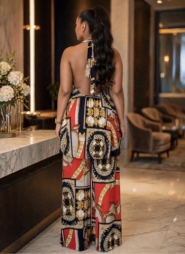 Multicolor Geometric Halter Neck Backless Wide-Leg Jumpsuit - photo 5