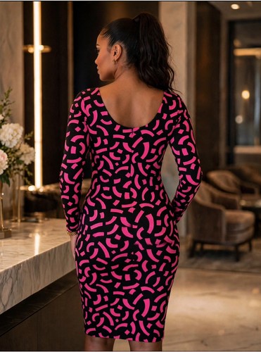 Pink Black Abstract Print Sheath Dress Long Sleeve Knee Length W - photo 2