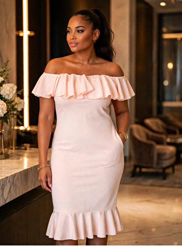Pink Off Shoulder Ruffle Sheath Dress Short Sleeve L/XL