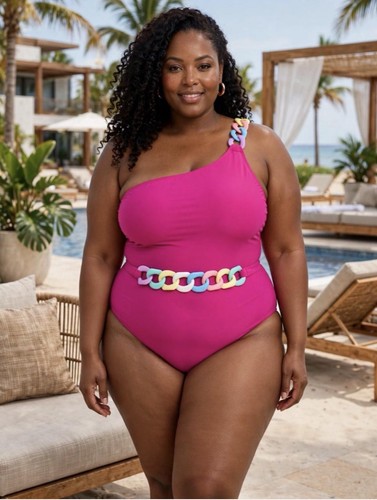 Women Pink One Shoulder One Piece Swimsuit Chain Strap