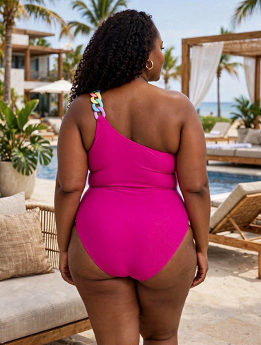Women Pink One Shoulder One Piece Swimsuit Chain Strap - photo 2