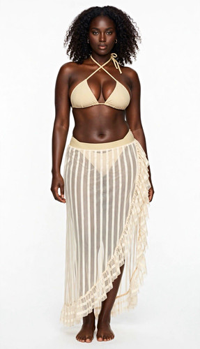 Beige Halter Triangle Bikini 3 Piece Set Mesh Ruffle Cover Up