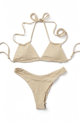 Beige Halter Triangle Bikini 3 Piece Set Mesh Ruffle Cover Up - photo 3