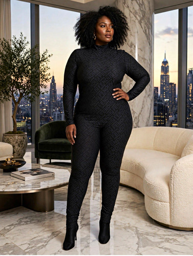 Black Solid Long Sleeve Catsuit, Women's Plus Size 0X - photo 3