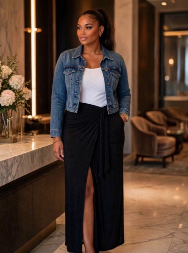 Women’s Black Solid Wrap Skirt Long Maxi Slit Tie Accent M - photo 4