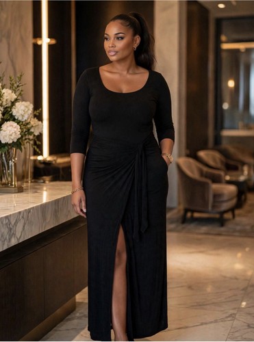 Women’s Black Solid Wrap Skirt Long Maxi Slit Tie Accent M - photo 5