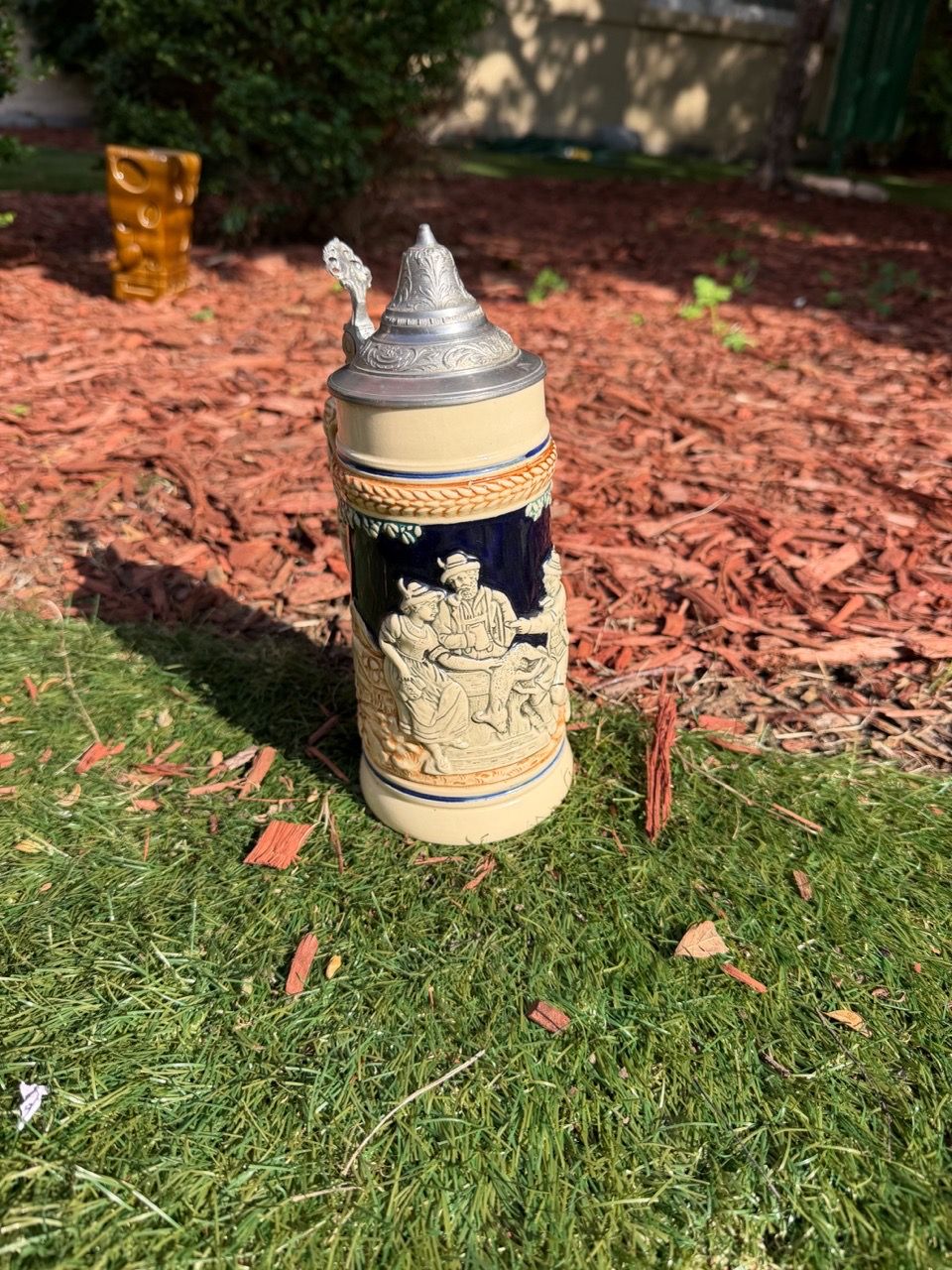 German Ceramic Beer Stein with Pewter Lid