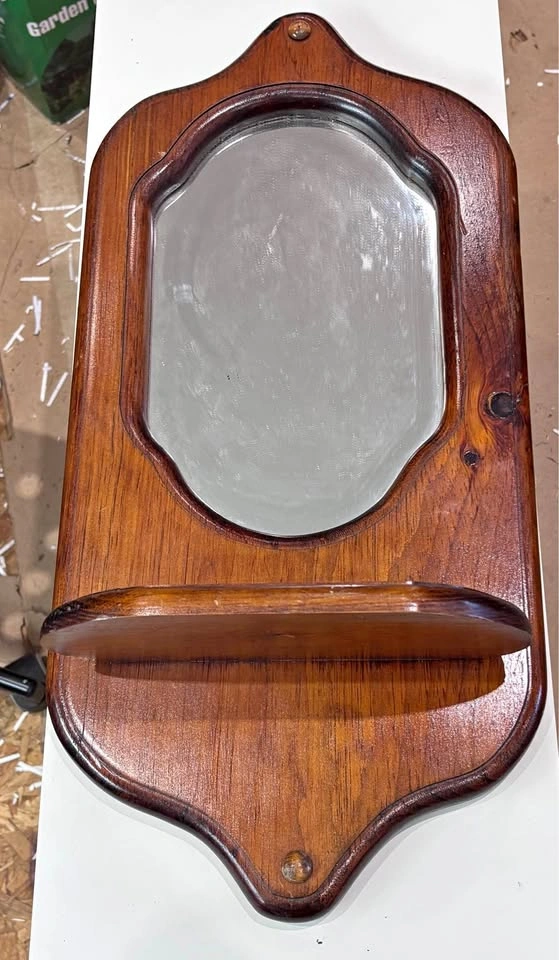 Vintage solid wood wall mirror with display shelf