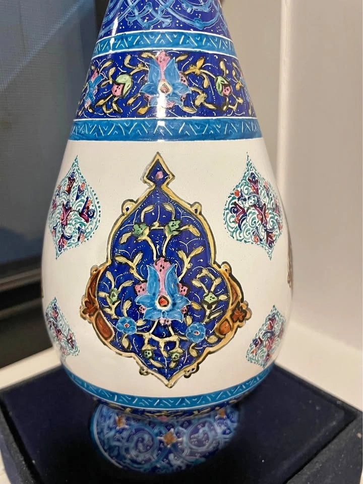 Signed Persian Minakari Enamel Copper Vase 10.25" - Isfahan