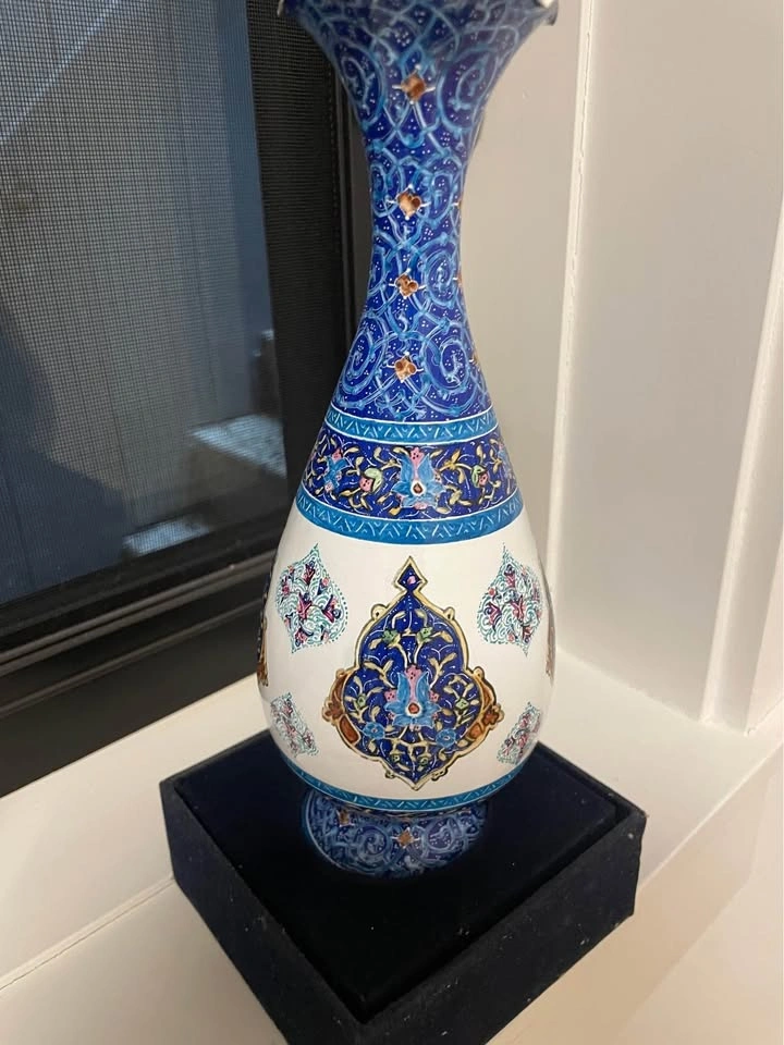 Signed Persian Minakari Enamel Copper Vase 10.25" - Isfahan - photo 2