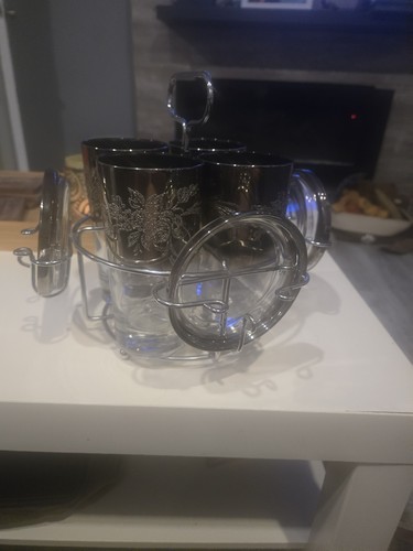 Vintage MCM Silver Rose Fade Highball Glass Caddy Set (9 Pc)