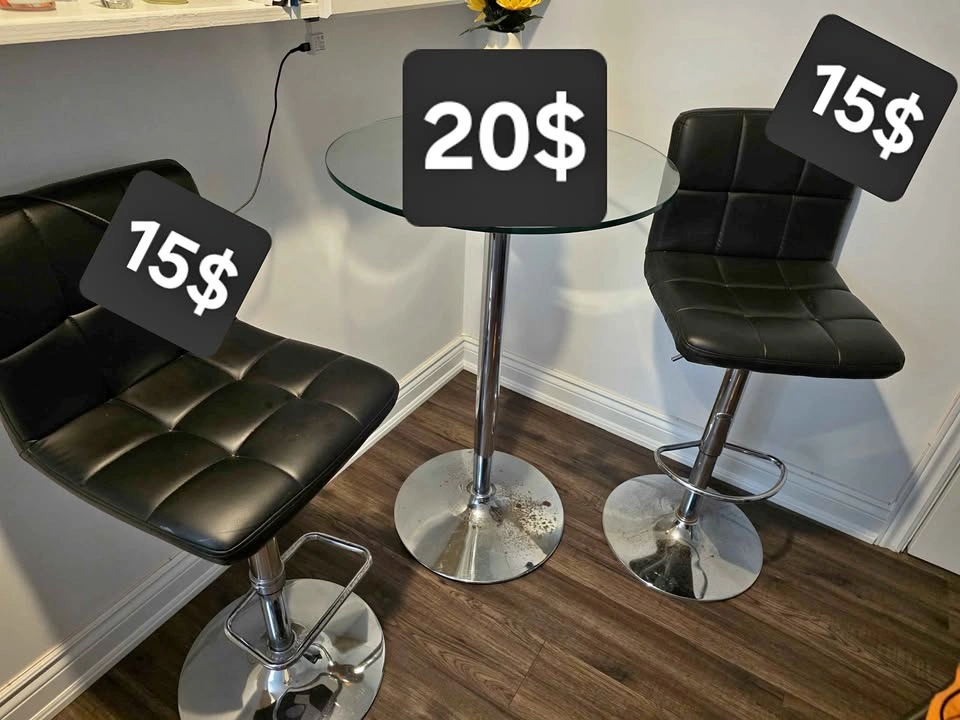 Glass Top Bar Table and 2 Black Bar Stools
