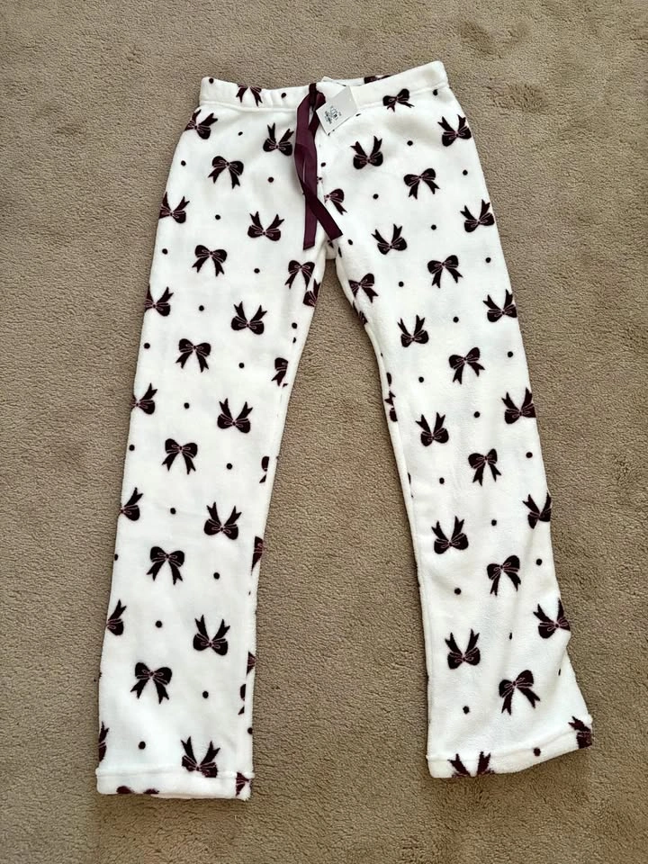 NEW Fleece Maroon Bow Print Pajama Pants - Large